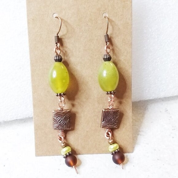 Boho! Unique & Handmade EarCandy! Embossed Copper + Jade + Recycled Glass Beads - Picture 2 of 7